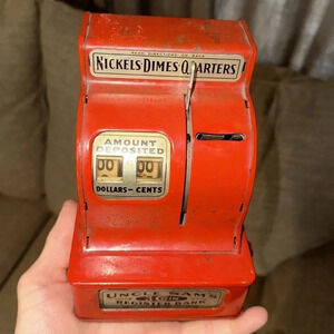 VTG Red Metal 3 Coin Nickels Dimes Quarters Mechanical Register Bank